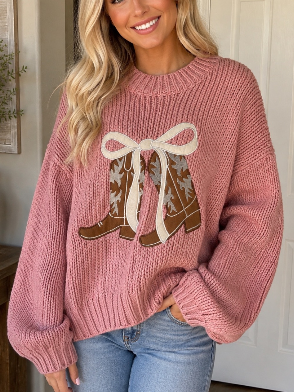 NWT Baevely Pink Knit Crewneck Sweater with Boot & Bow Appliqué
